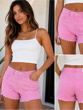 Seven7 Pink Denim Weekend Shorts Raw Hem Stretch Size 12 Summer Beach Festival